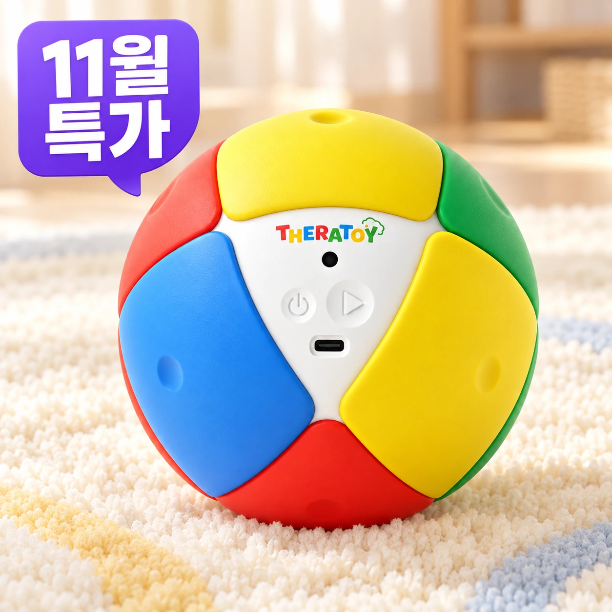 포근한 러그 위 테라토이 교구와 왼쪽 위 11월 특가 배지를 담은 브랜드 이미지